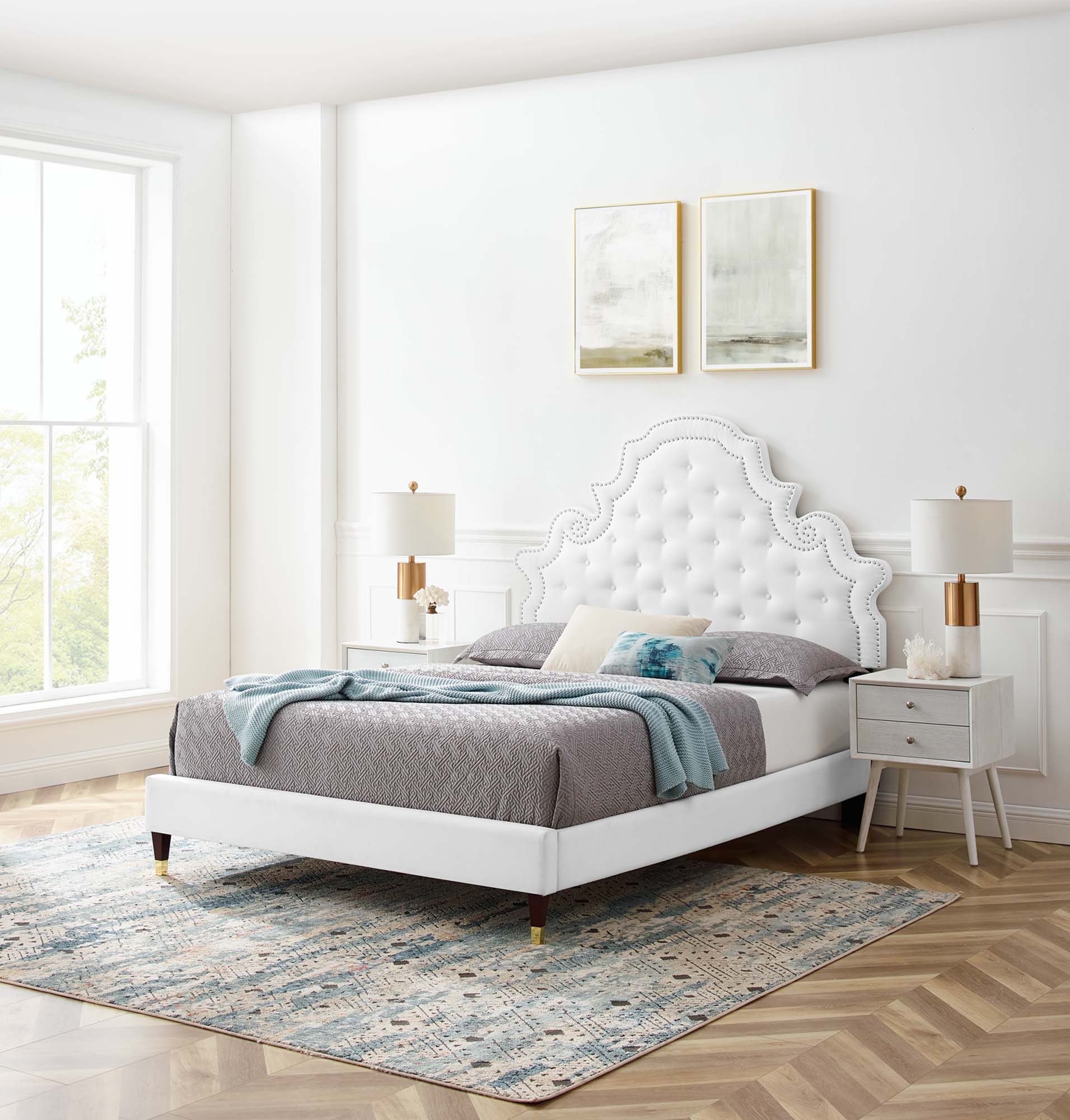 Gwyneth Tufted Performance Velvet Platform Bed With Wood and Gold Legs view 8