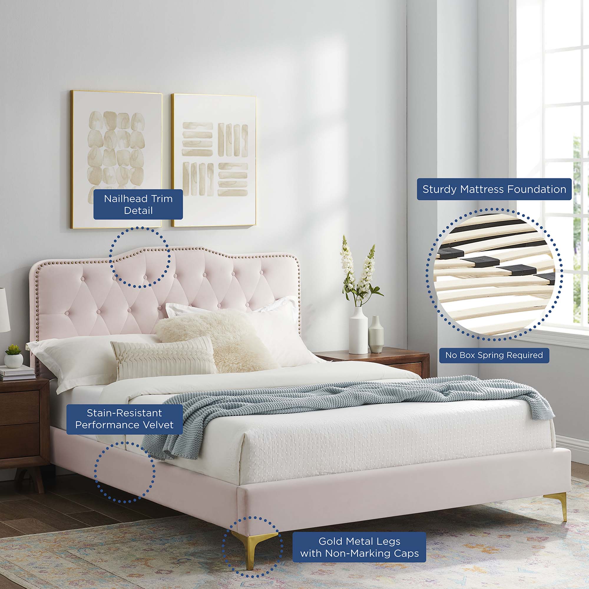Amber Performance Velvet Platform Bed With Gold Legs view 5
