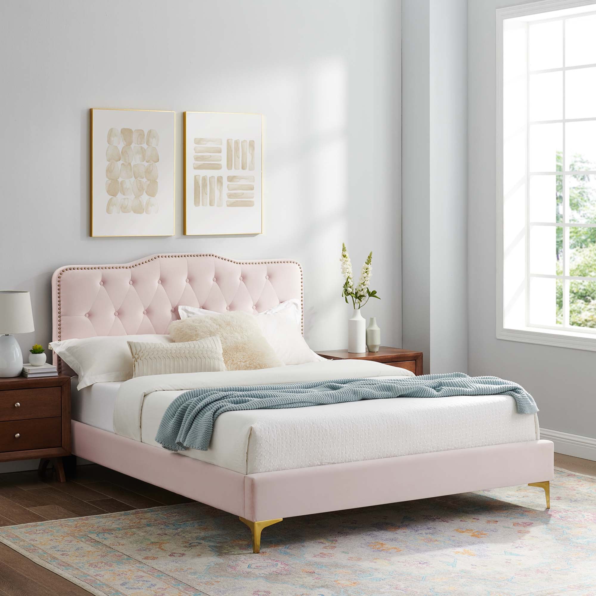 Amber Performance Velvet Platform Bed With Gold Legs view 2