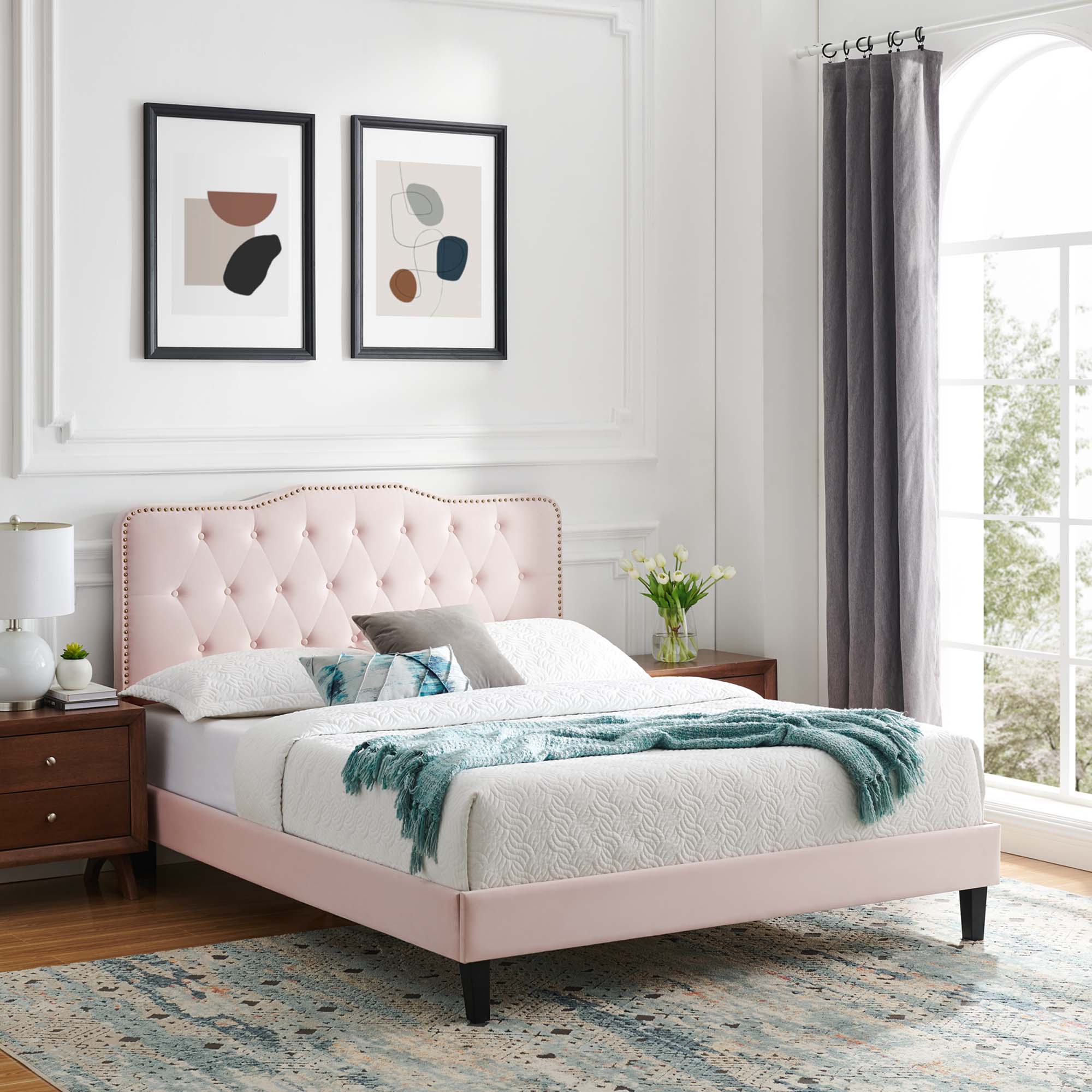 Amber Performance Velvet Platform Bed With Black Wood Legs view 2