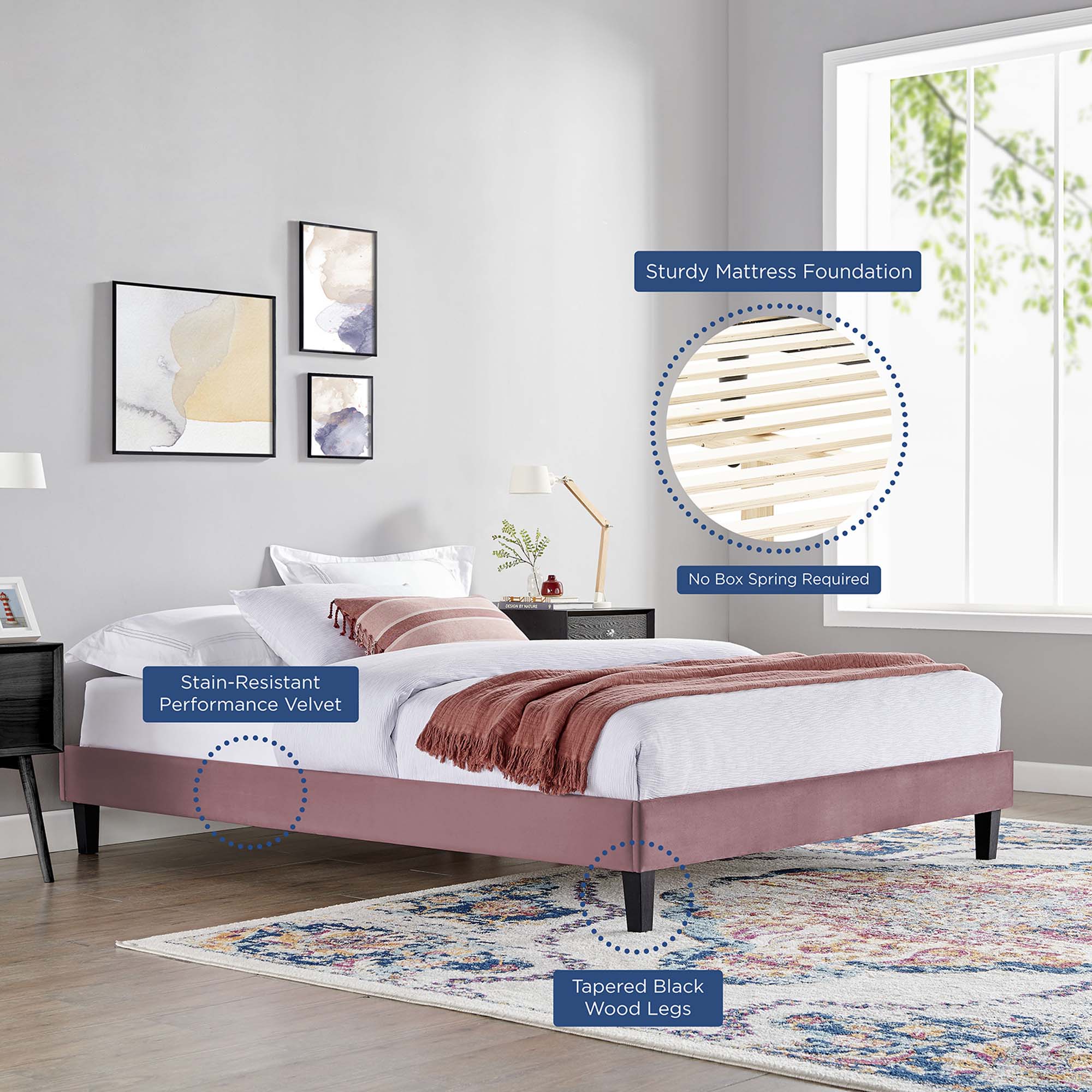 Liva Performance Velvet Bed With Black Wood Legs view 7