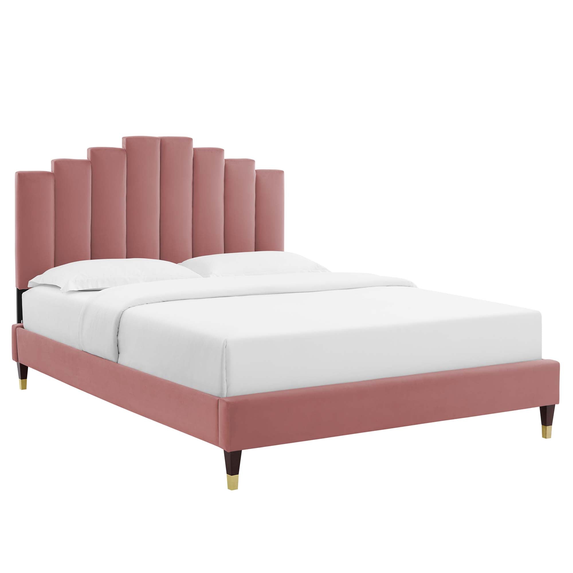 Elise Performance Velvet Platform Bed With Wood and Gold Legs view 1