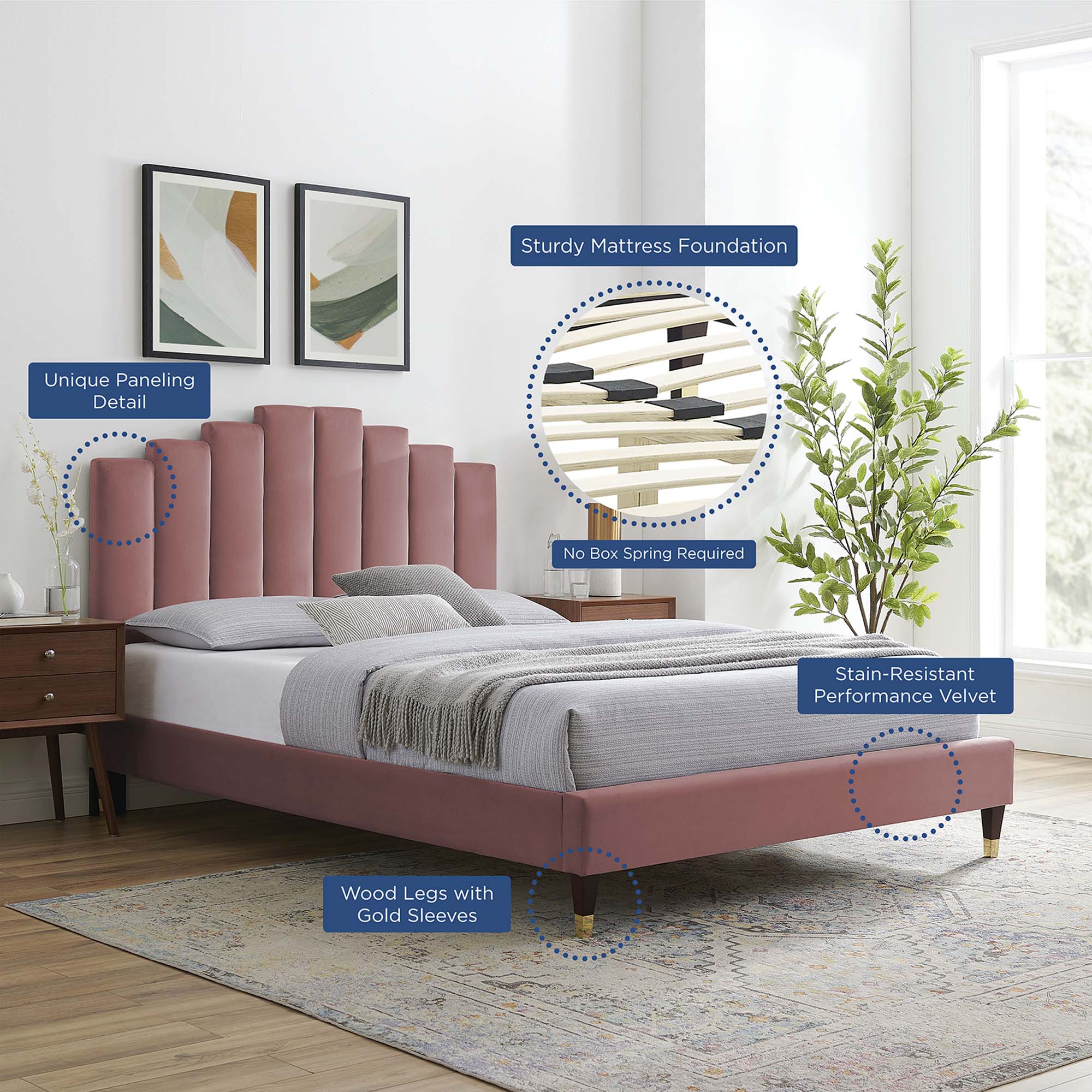 Elise Performance Velvet Platform Bed With Wood and Gold Legs view 5