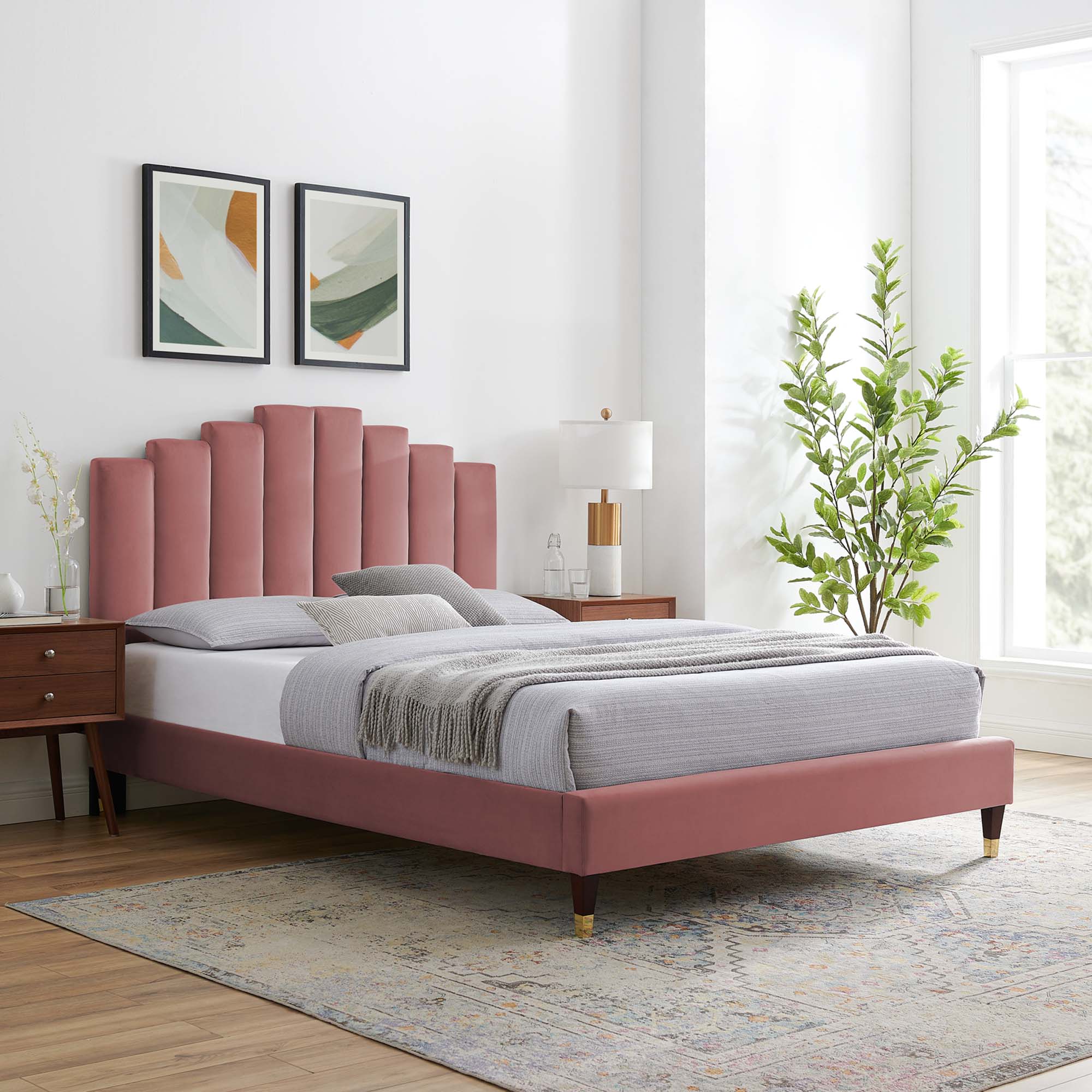 Elise Performance Velvet Platform Bed With Wood and Gold Legs view 2