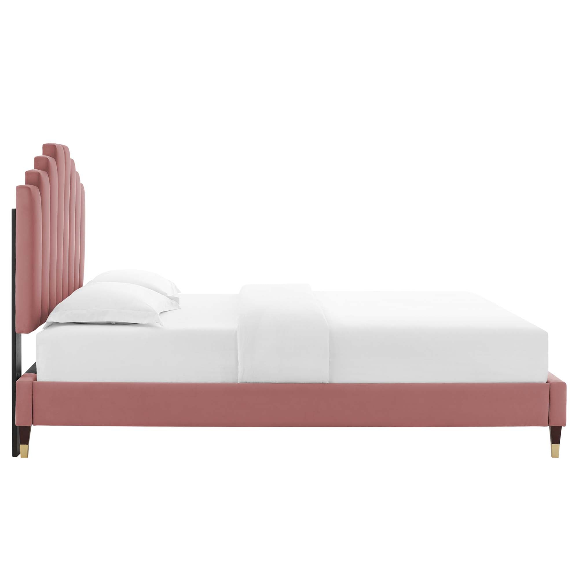 Elise Performance Velvet Platform Bed With Wood and Gold Legs - Image 10