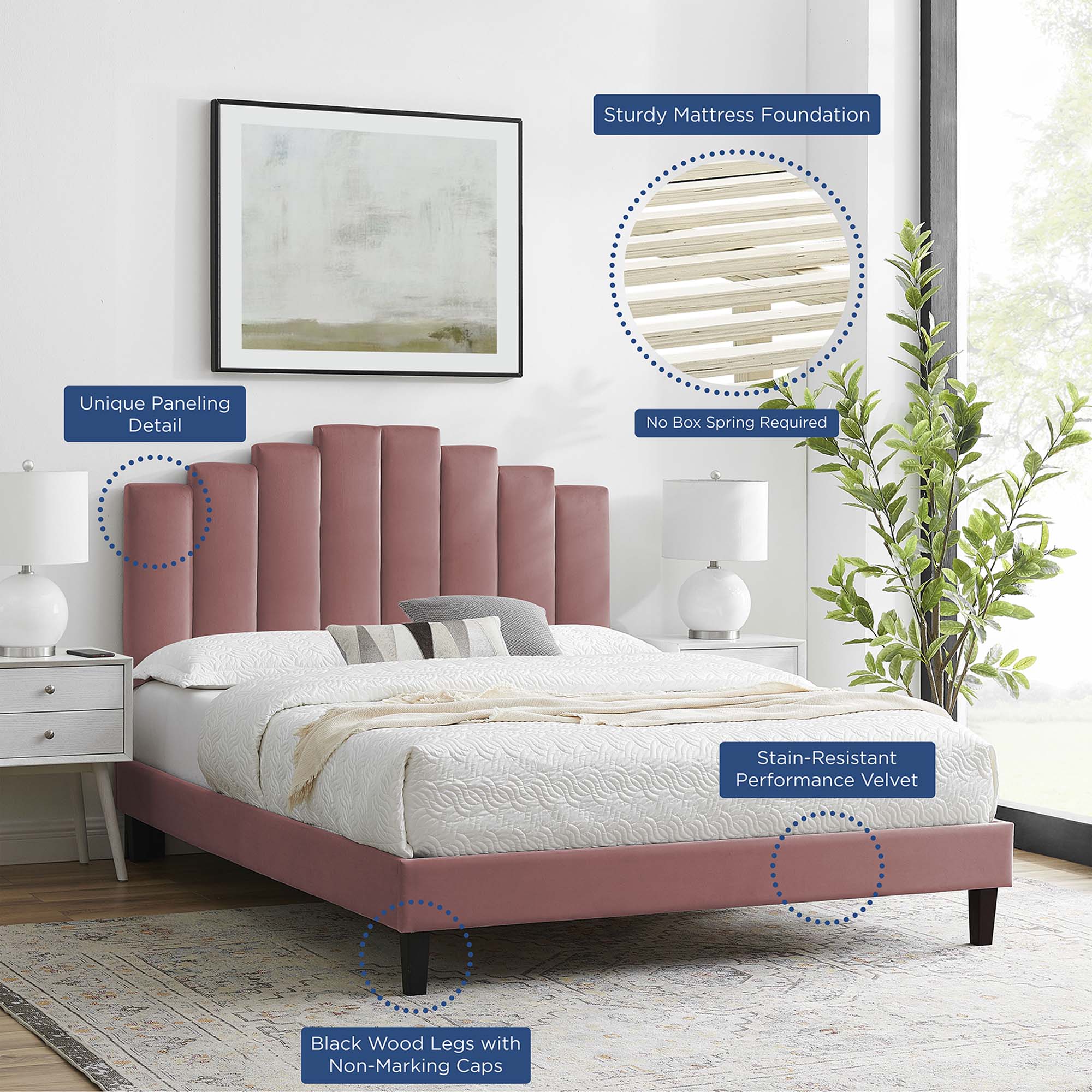 Elise Performance Velvet Platform Bed With Black Wood Legs view 5
