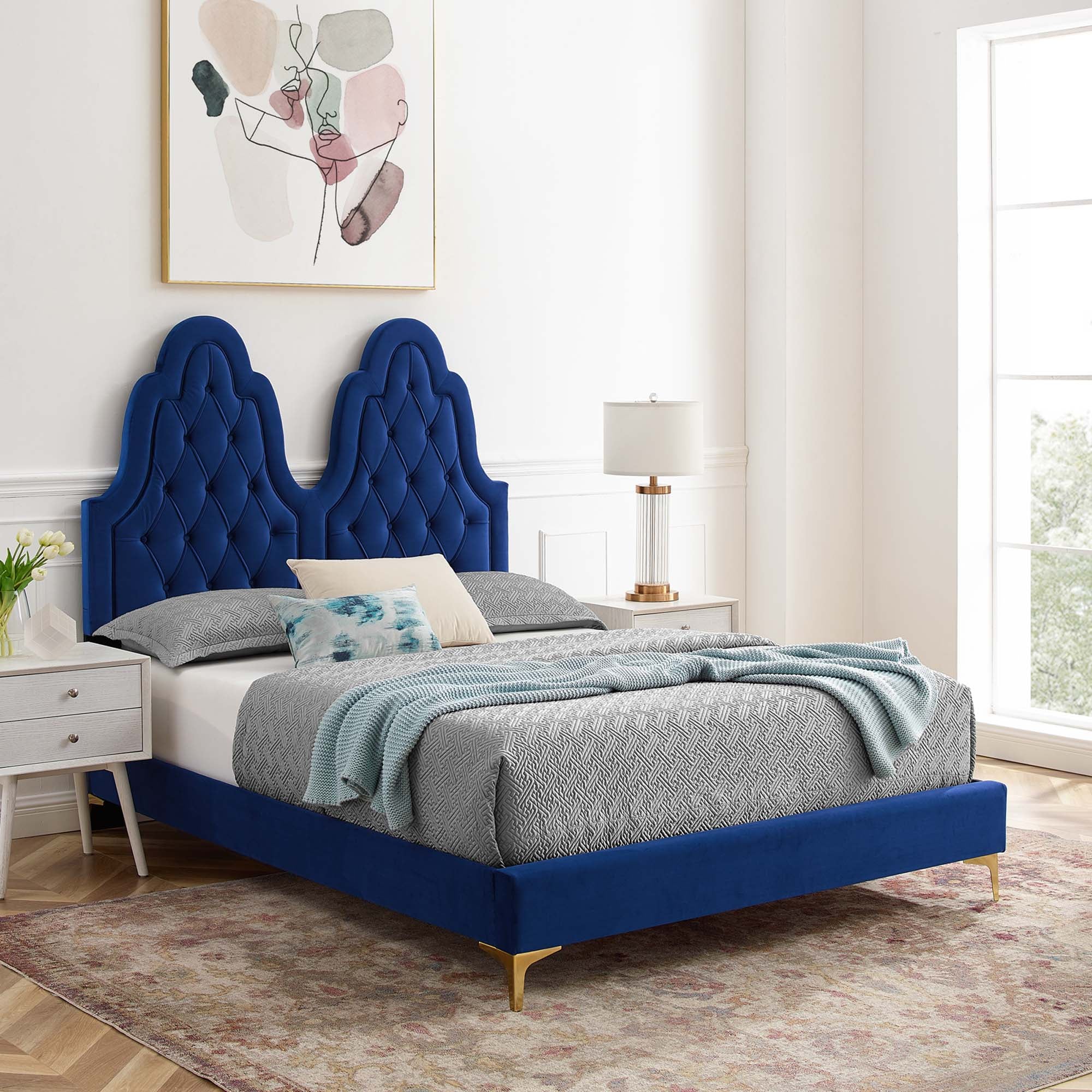 Alexandria Tufted Performance Velvet Platform Bed With Gold Legs view 2
