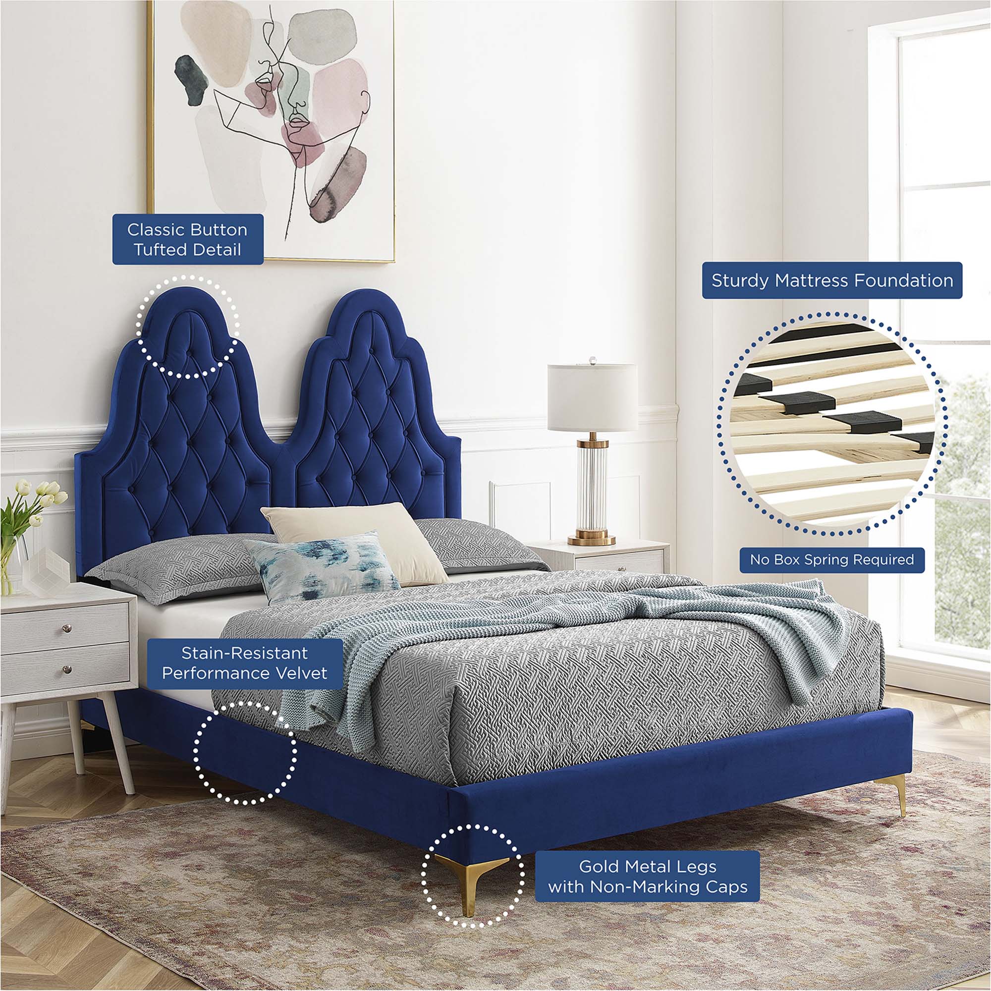 Alexandria Tufted Performance Velvet Platform Bed With Gold Legs view 5