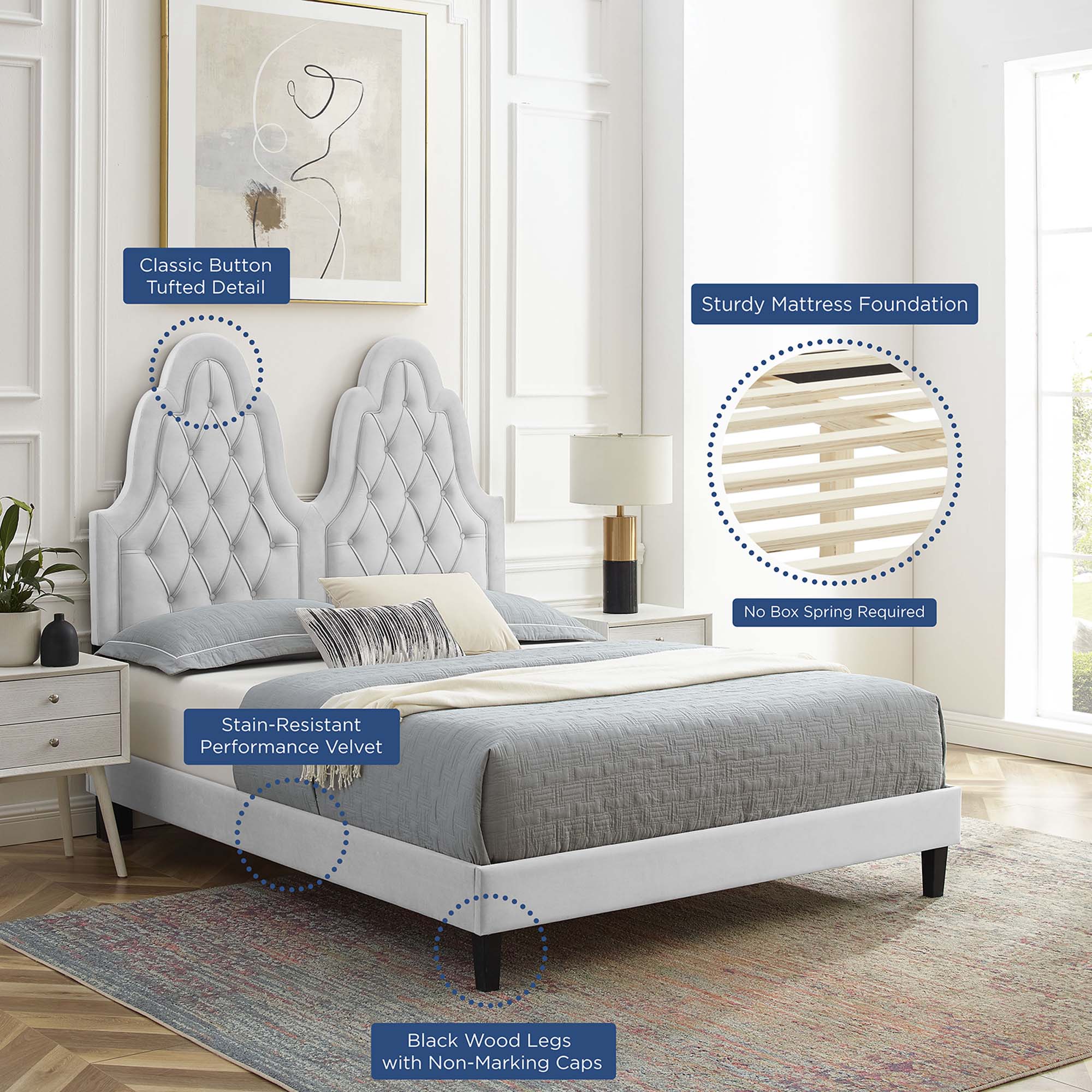 Alexandria Tufted Performance Velvet Platform Bed With Black Wood Legs view 5