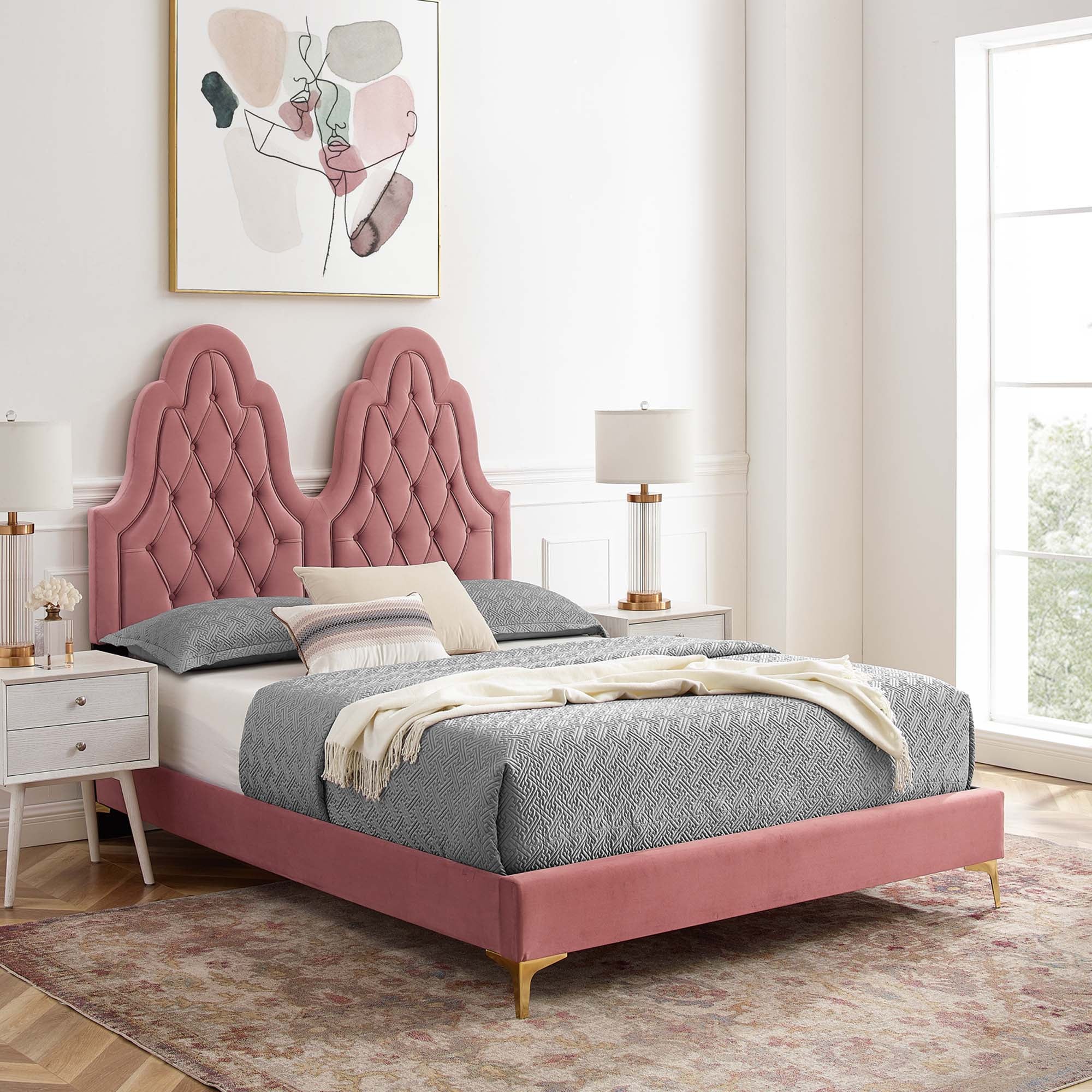 Alexandria Tufted Performance Velvet Platform Bed With Gold Legs view 8