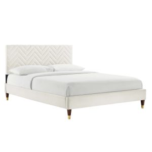 Leah Chevron Tufted Performance Velvet Platform Bed With Wood and Gold Legs