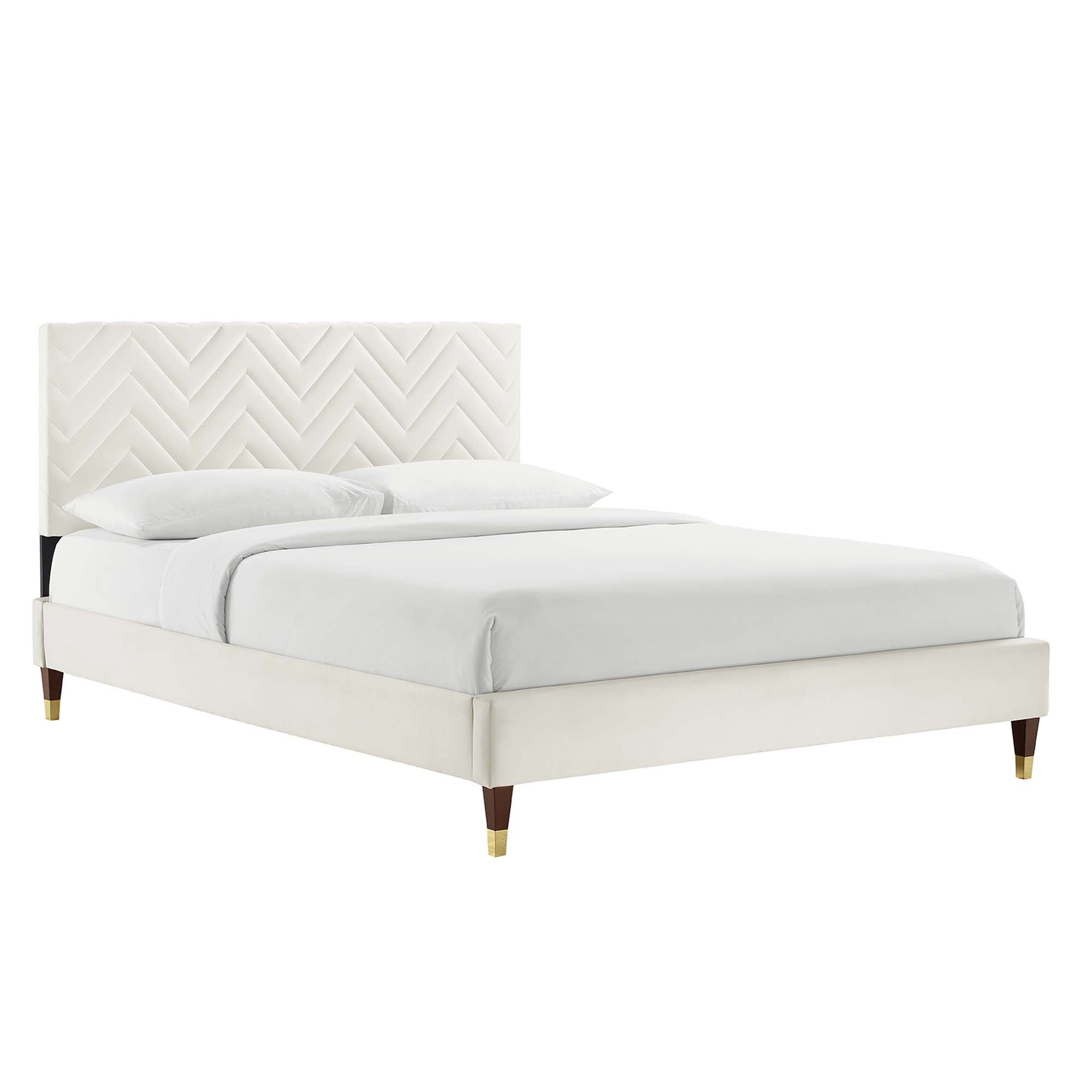 Leah Chevron Tufted Performance Velvet Platform Bed With Wood and Gold Legs view 1