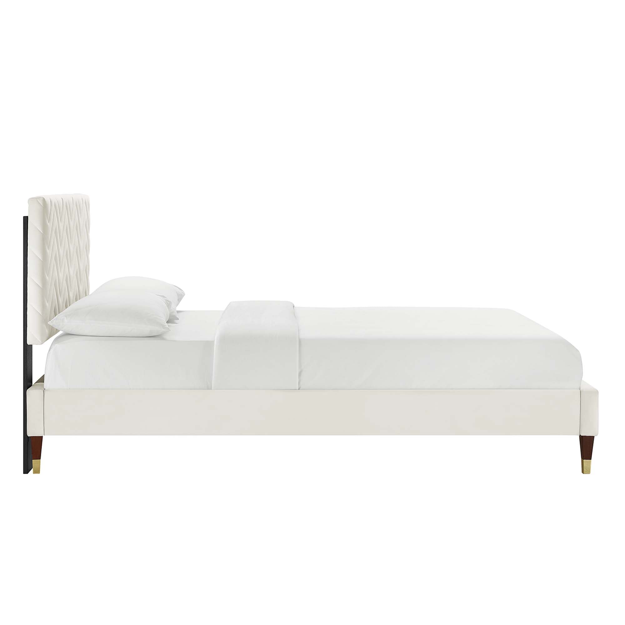 Leah Chevron Tufted Performance Velvet Platform Bed With Wood and Gold Legs view 6