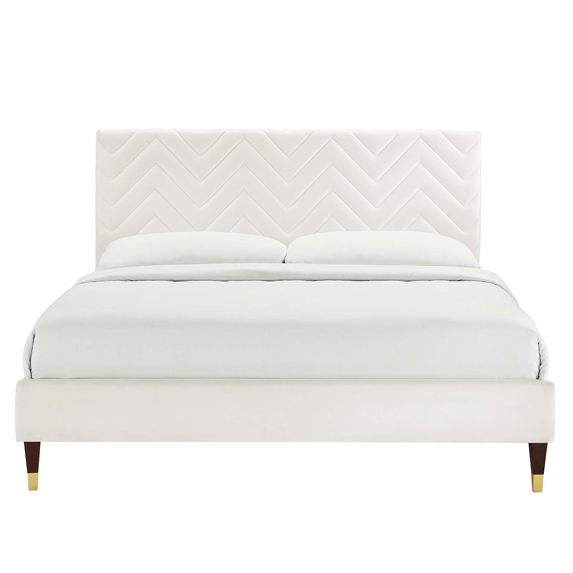 Leah Chevron Tufted Performance Velvet Platform Bed With Wood and Gold Legs view 7