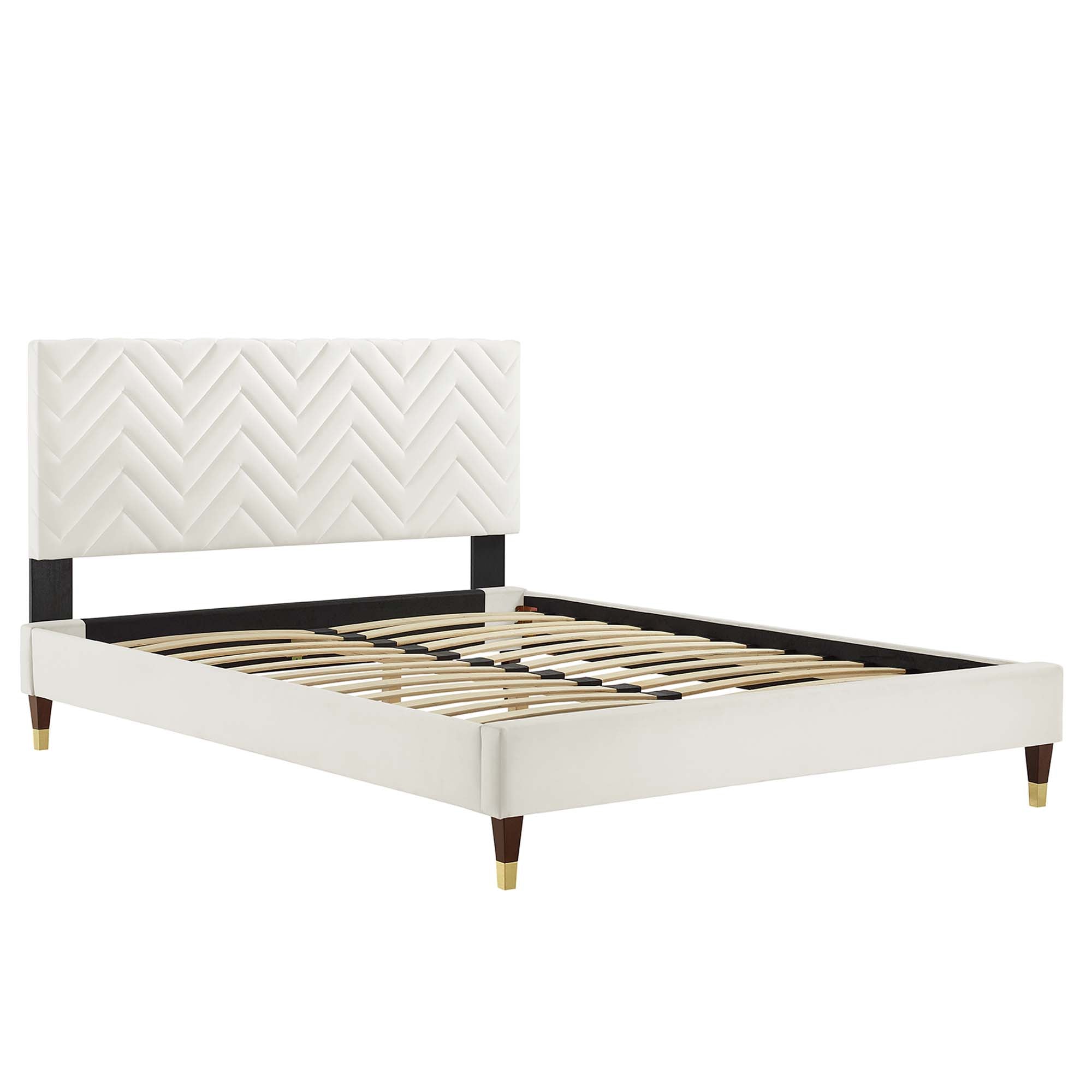 Leah Chevron Tufted Performance Velvet Platform Bed With Wood and Gold Legs view 5