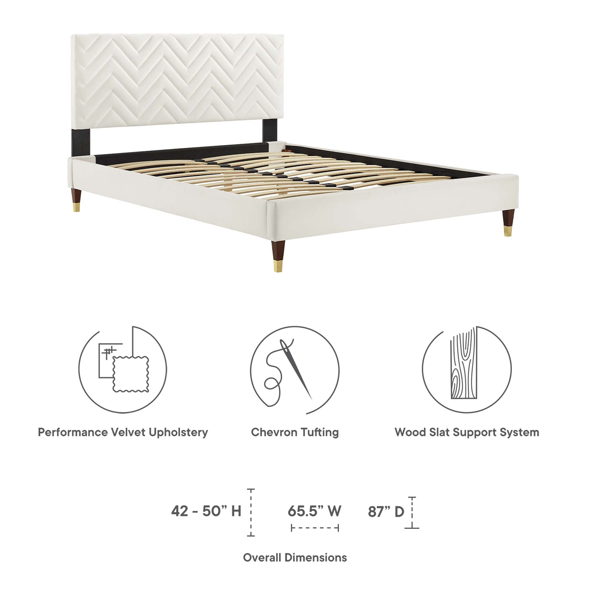 Leah Chevron Tufted Performance Velvet Platform Bed With Wood and Gold Legs view 3