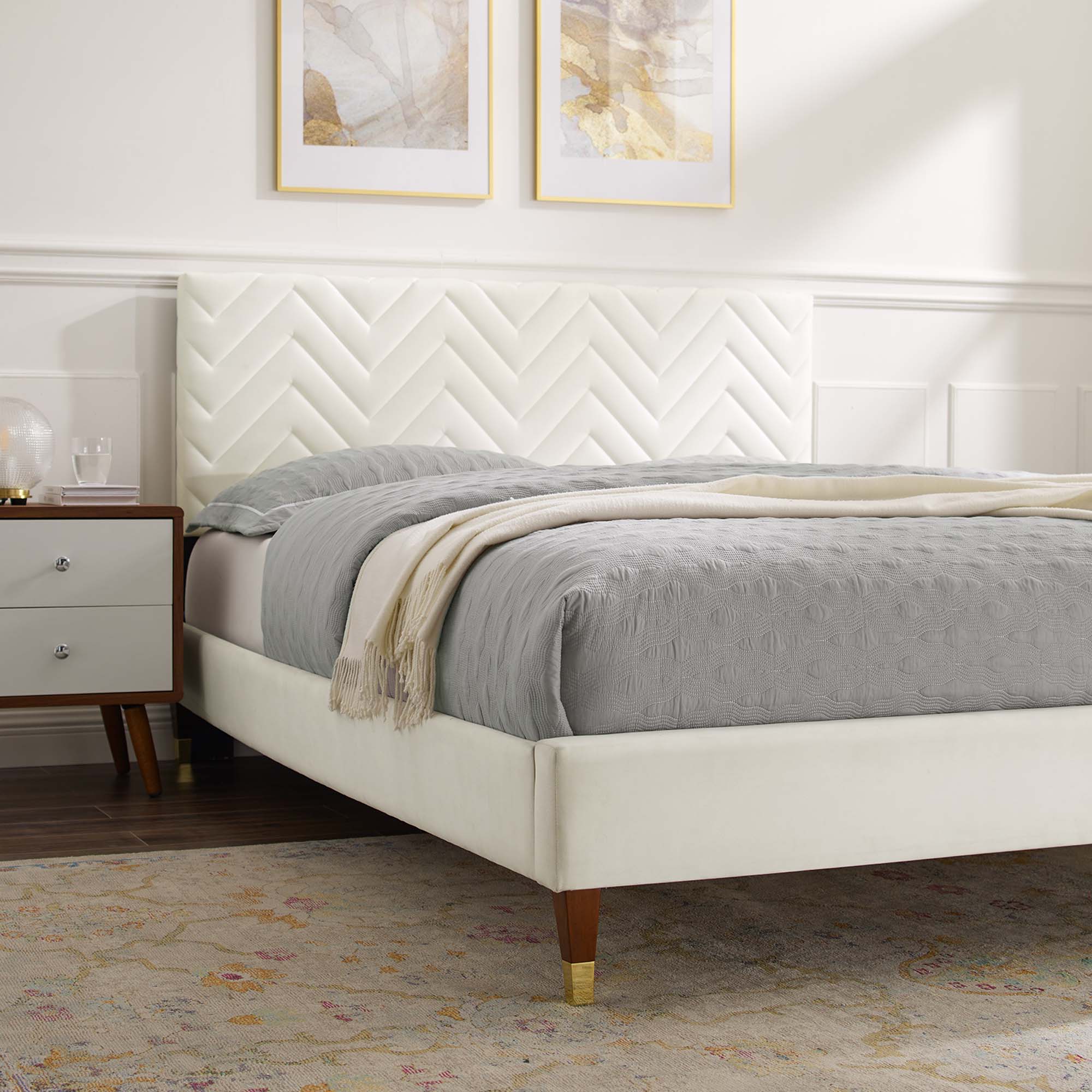 Leah Chevron Tufted Performance Velvet Platform Bed With Wood and Gold Legs view 4
