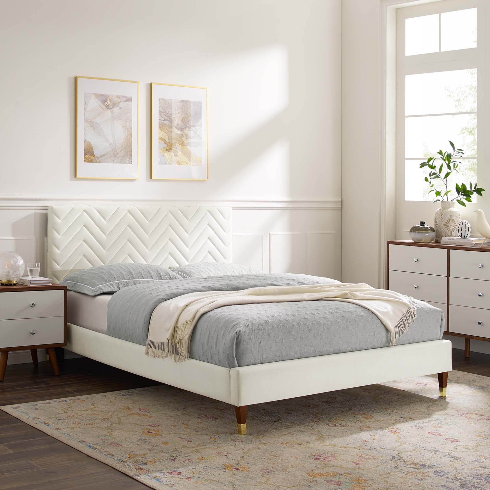 Leah Chevron Tufted Performance Velvet Platform Bed With Wood and Gold Legs view 2