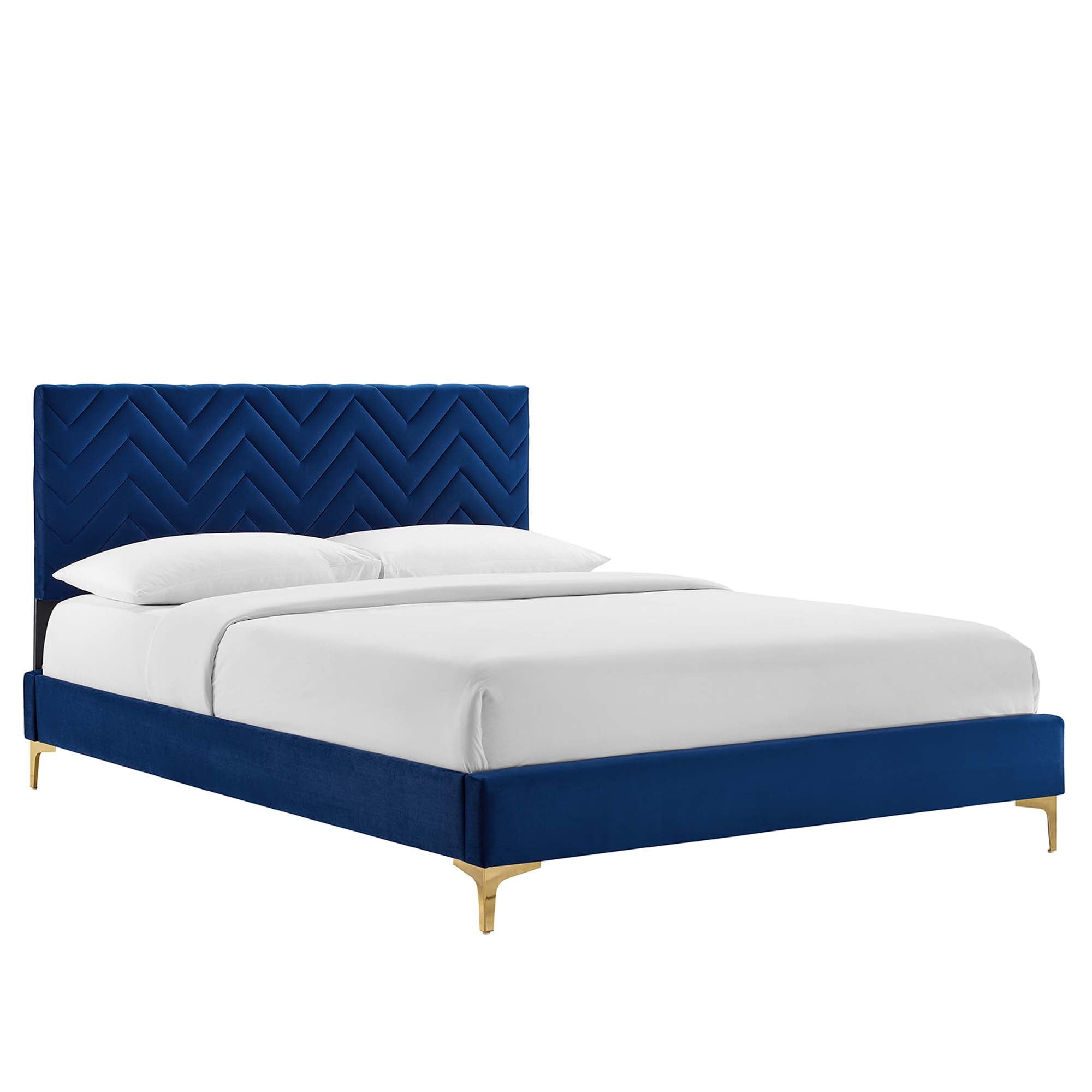 Leah Chevron Tufted Performance Velvet Platform Bed With Gold Metal Legs view 1
