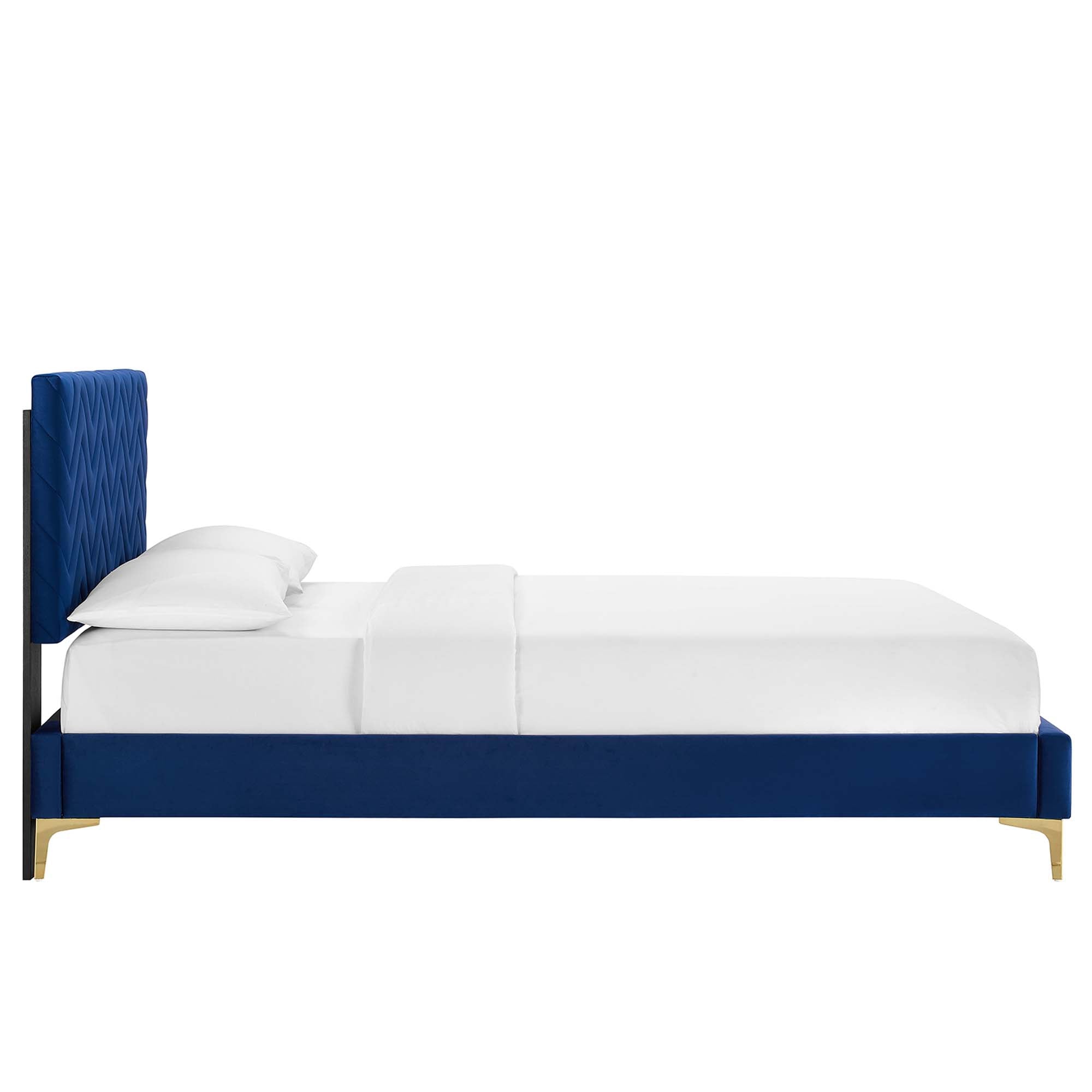 Leah Chevron Tufted Performance Velvet Platform Bed With Gold Metal Legs view 6