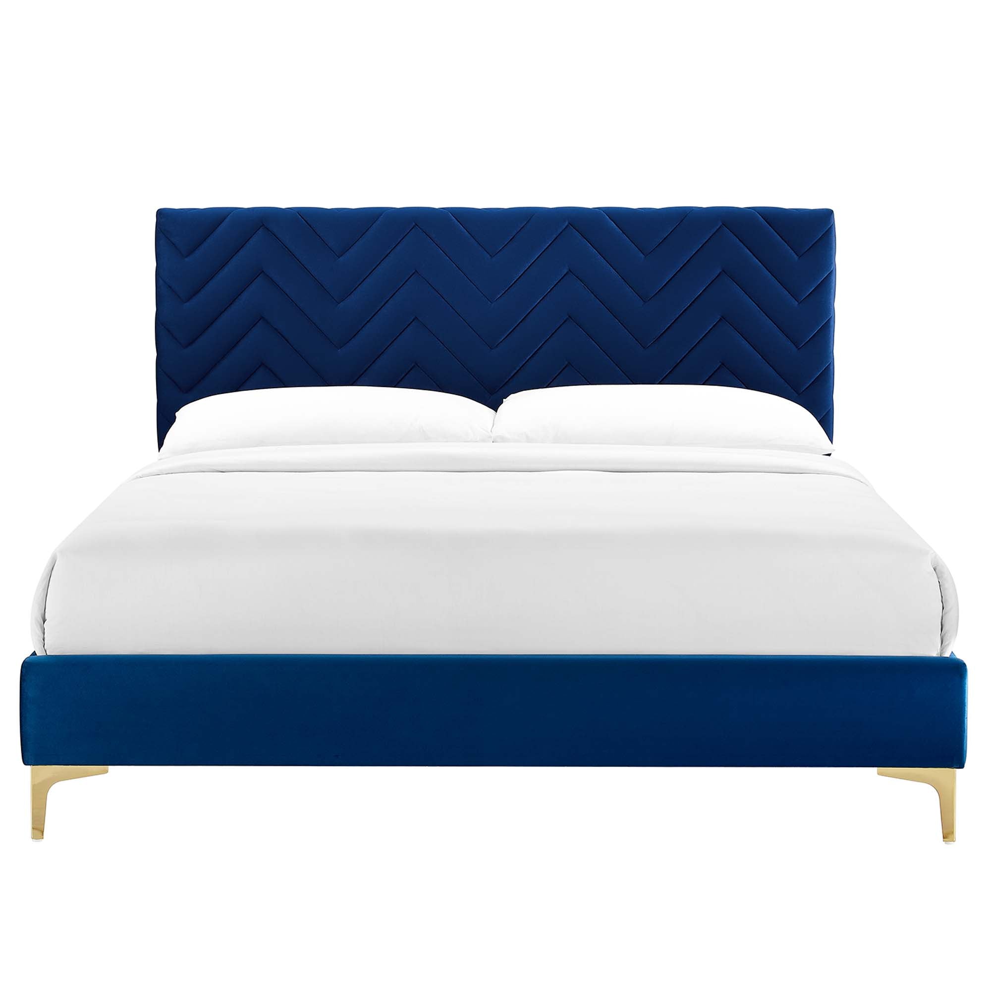 Leah Chevron Tufted Performance Velvet Platform Bed With Gold Metal Legs view 7