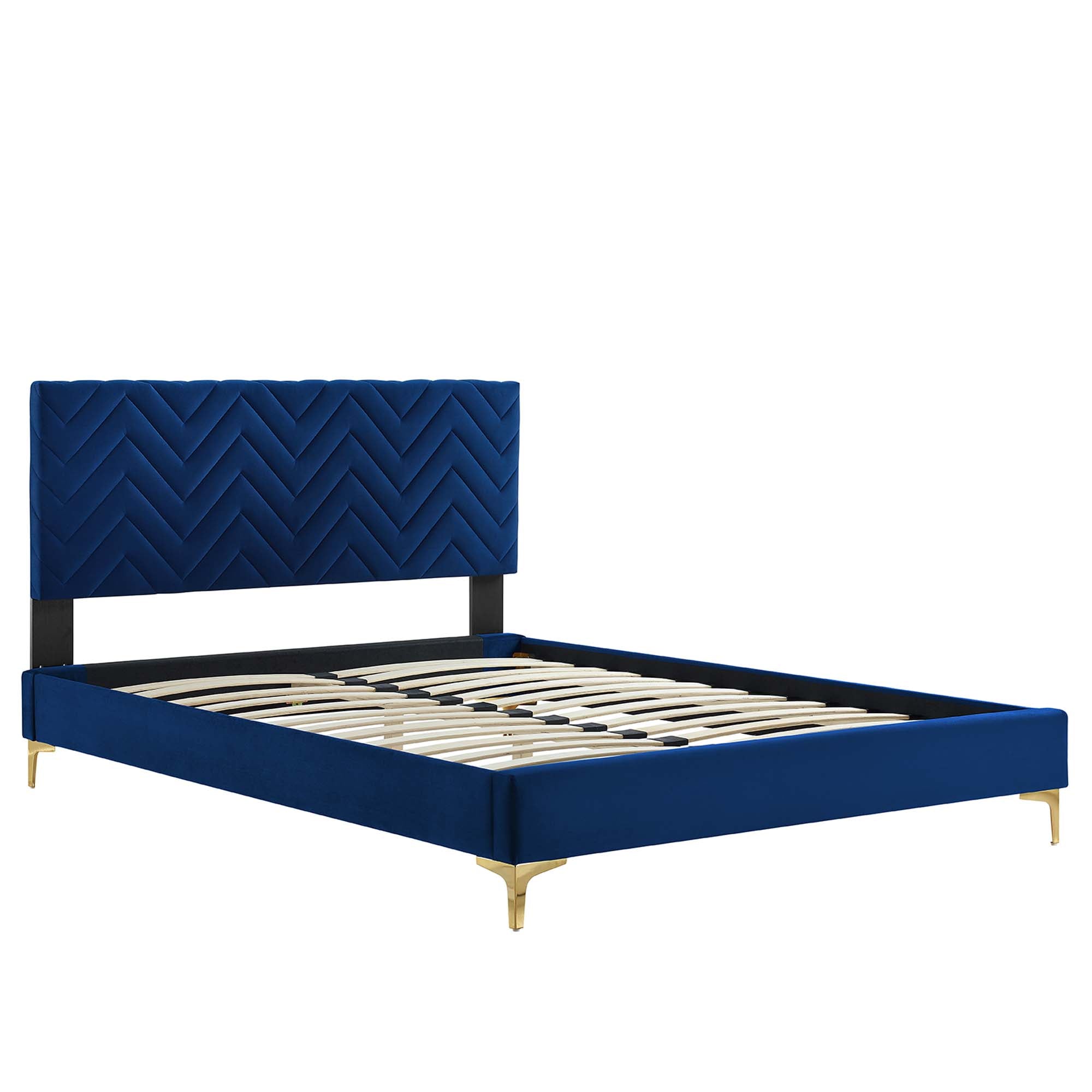 Leah Chevron Tufted Performance Velvet Platform Bed With Gold Metal Legs view 5