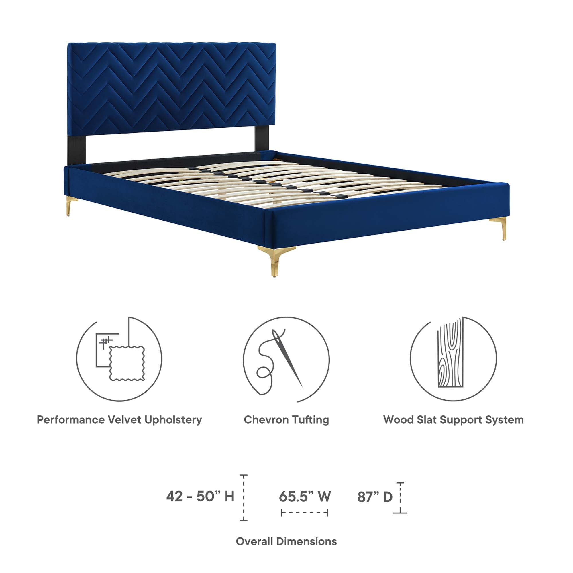Leah Chevron Tufted Performance Velvet Platform Bed With Gold Metal Legs view 3