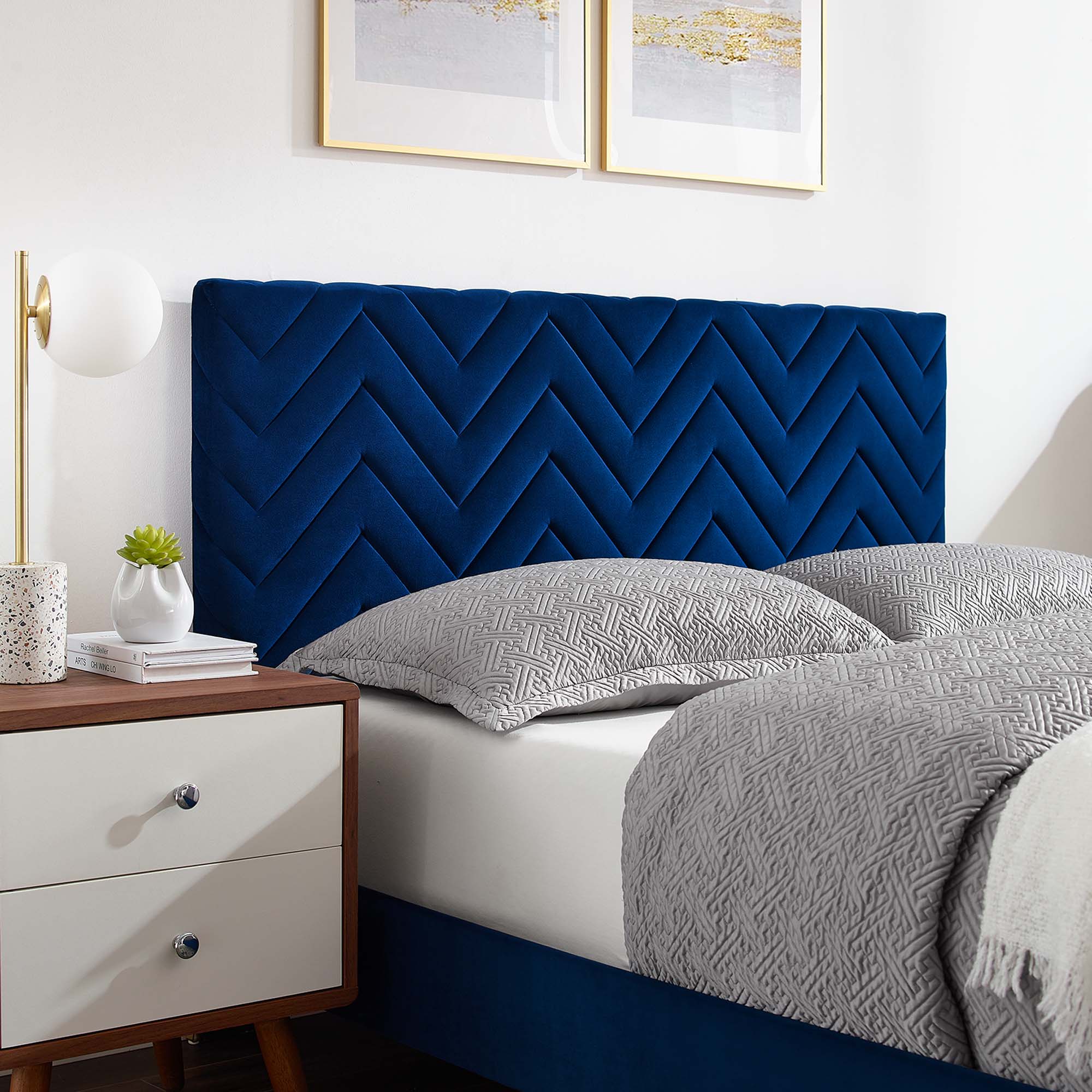 Leah Chevron Tufted Performance Velvet Platform Bed With Gold Metal Legs view 4