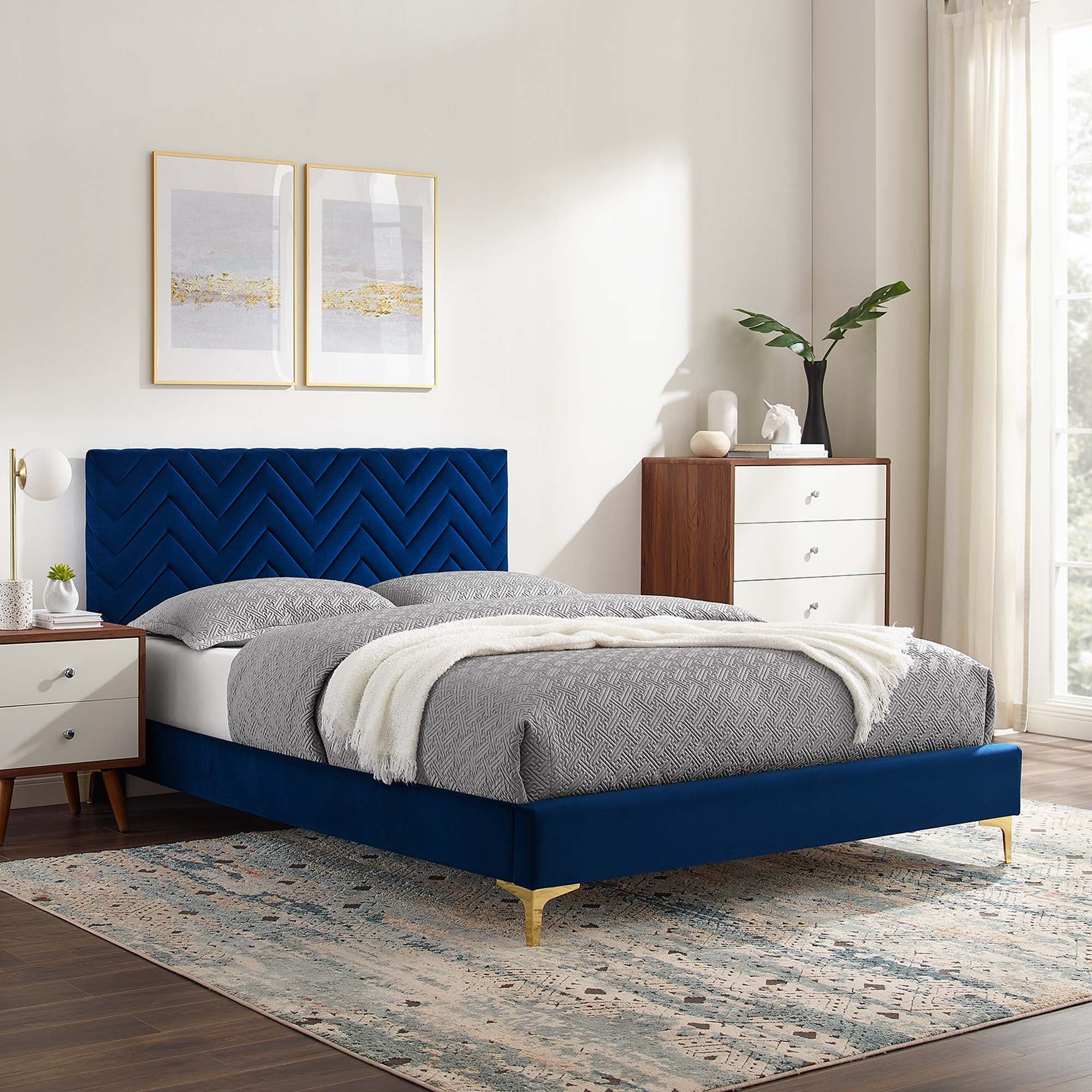 Leah Chevron Tufted Performance Velvet Platform Bed With Gold Metal Legs view 2