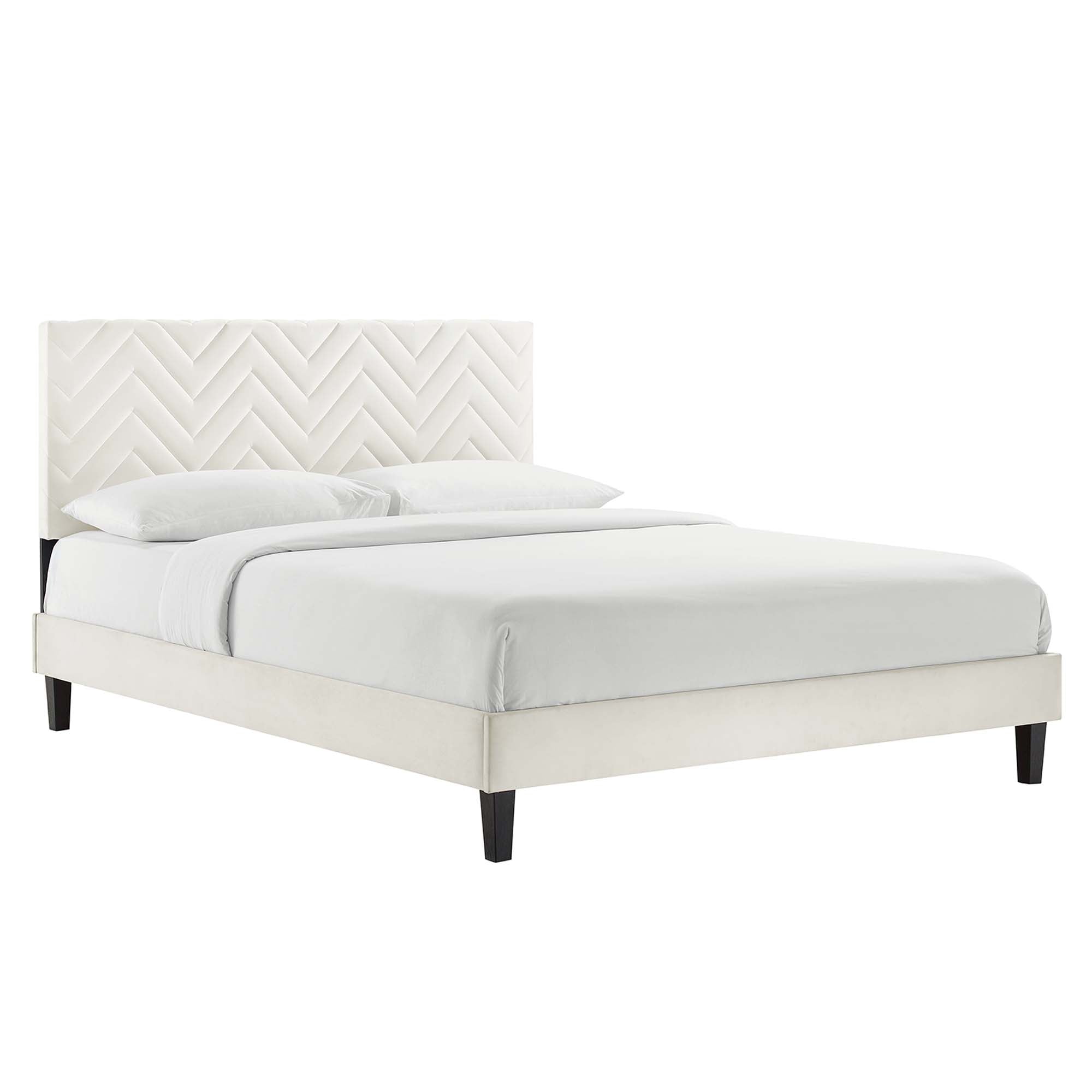 Leah Chevron Tufted Performance Velvet Platform Bed With Black Wood Legs view 1