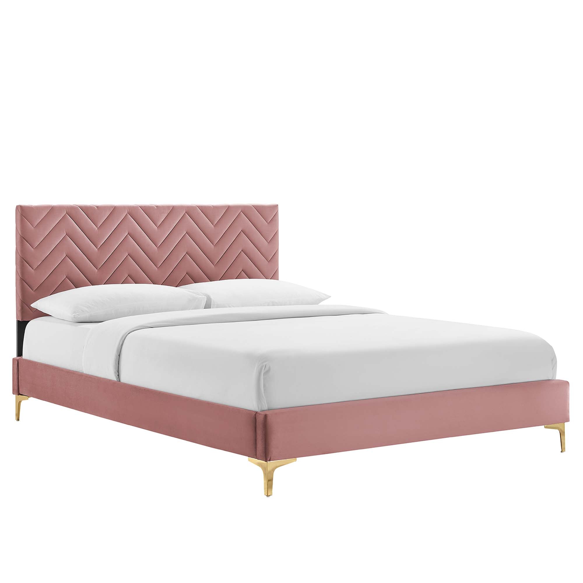Leah Chevron Tufted Performance Velvet Platform Bed With Gold Metal Legs - Image 10