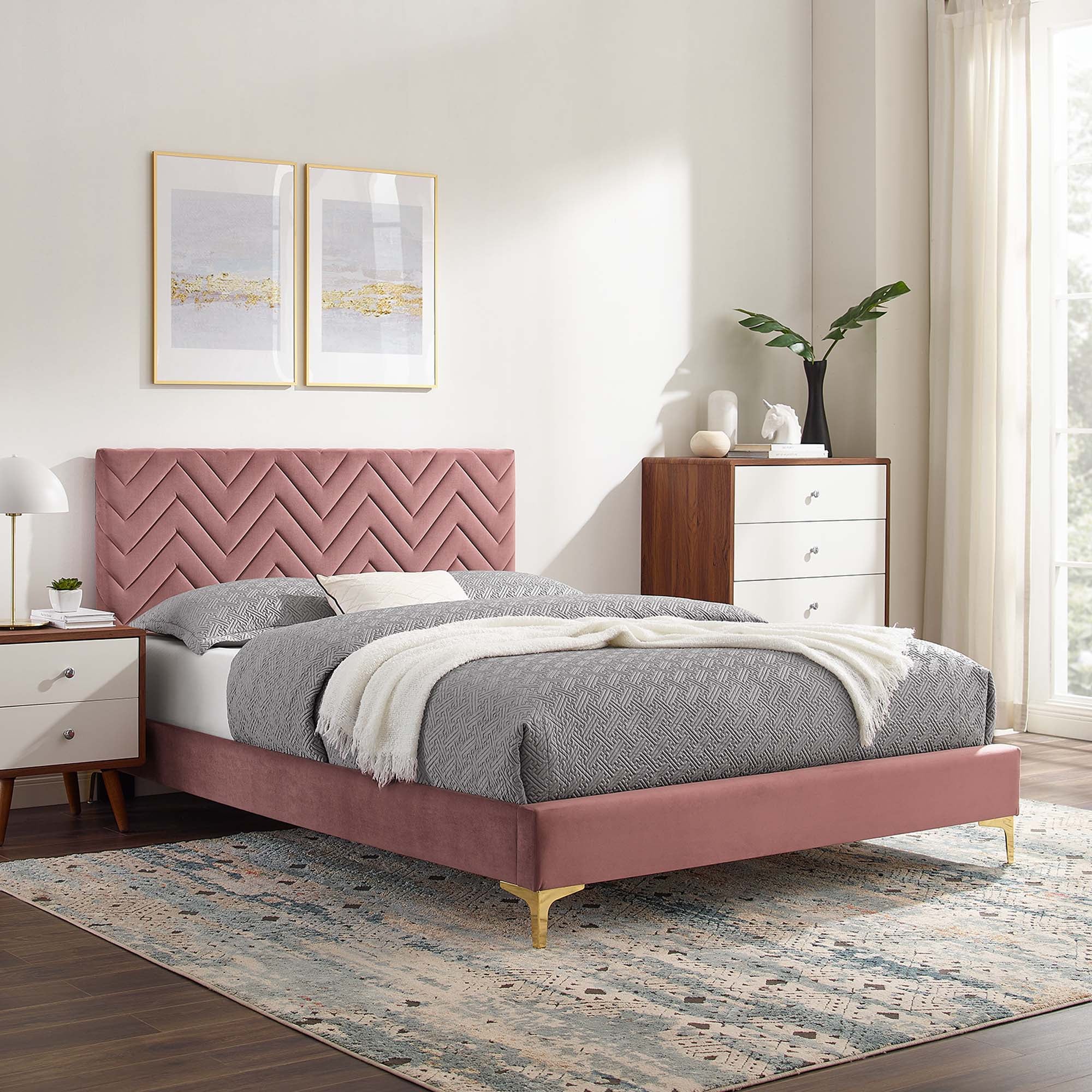 Leah Chevron Tufted Performance Velvet Platform Bed With Gold Metal Legs - Image 9