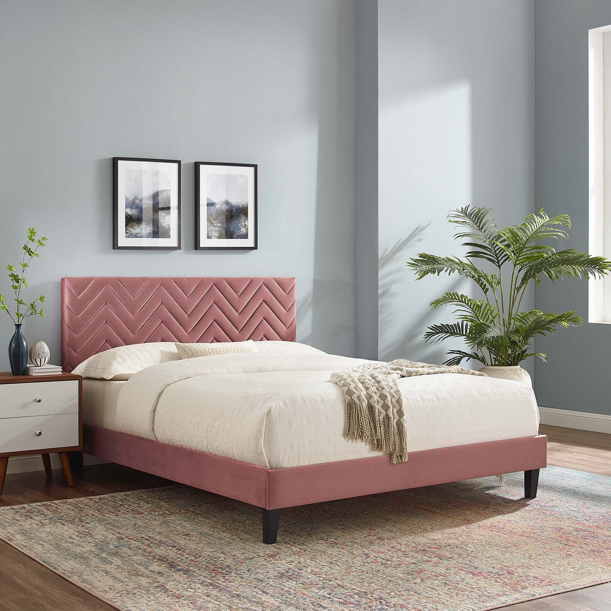 Leah Chevron Tufted Performance Velvet Platform Bed With Black Wood Legs - Image 9