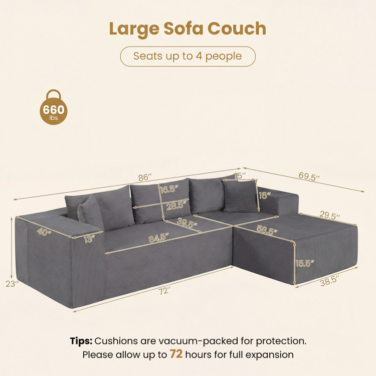 Modular Sectional Sofa Corduroy Upholstered L-shaped Sofa Couch with Deep Seats view 4