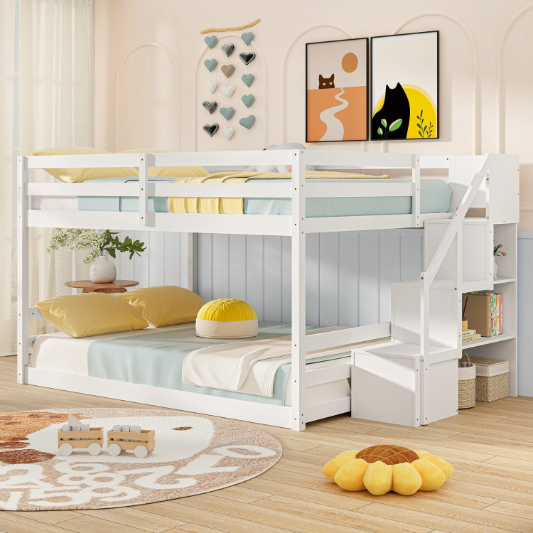 Solid Wood Full Over Full Low Bunk Bed with Storage Stairs view 2