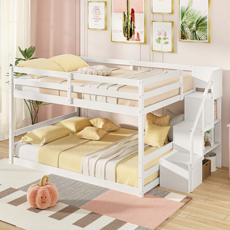 Solid Wood Full Over Full Low Bunk Bed with Storage Stairs view 3