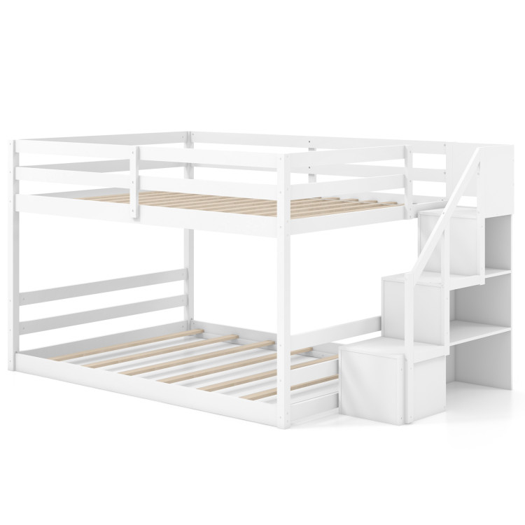 Solid Wood Full Over Full Low Bunk Bed with Storage Stairs view 1