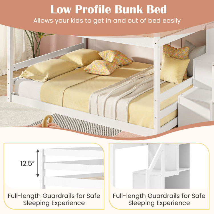 Solid Wood Full Over Full Low Bunk Bed with Storage Stairs view 6
