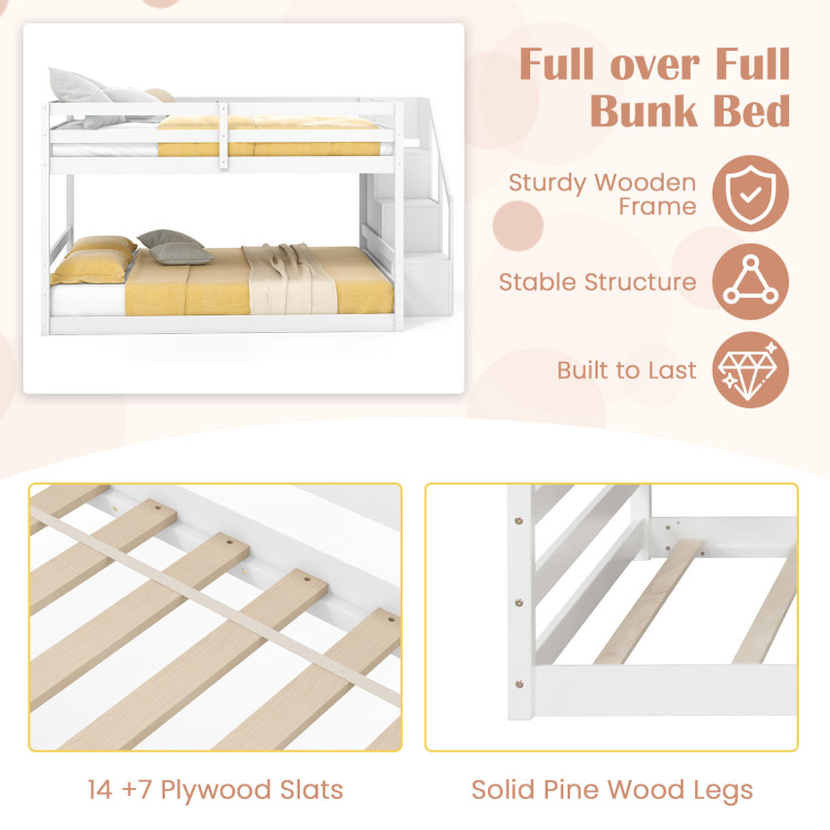 Solid Wood Full Over Full Low Bunk Bed with Storage Stairs view 8