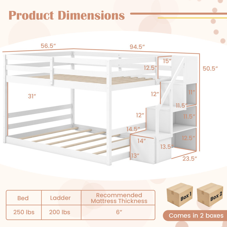 Solid Wood Full Over Full Low Bunk Bed with Storage Stairs view 5