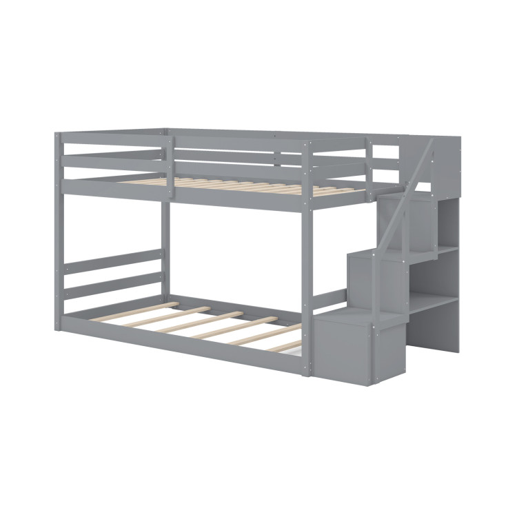 Solid Wood Twin Over Full Low Bunk Bed with Storage Stairs view 1