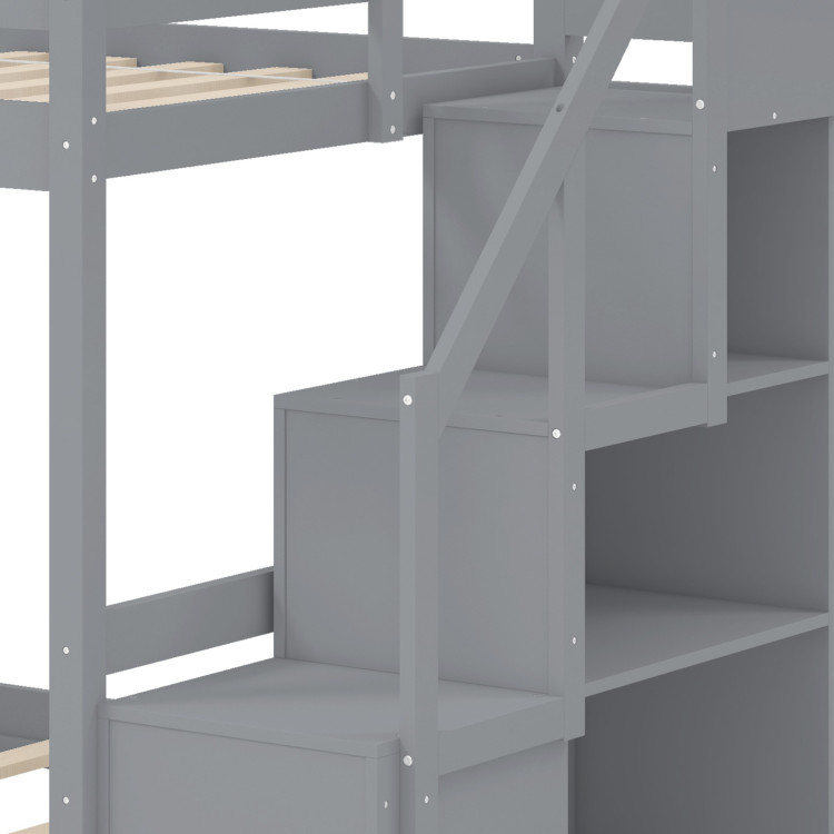 Solid Wood Twin Over Full Low Bunk Bed with Storage Stairs view 8