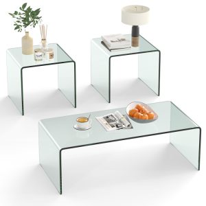 Tempered Glass Coffee Table Set of 3 with 1 Clear Coffee Table and 2 End Tables