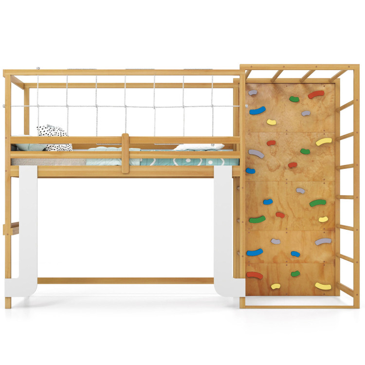 Twin Bunk Bed with Jungle Gym Wooden Loft Bed with Climbing Ladder view 1