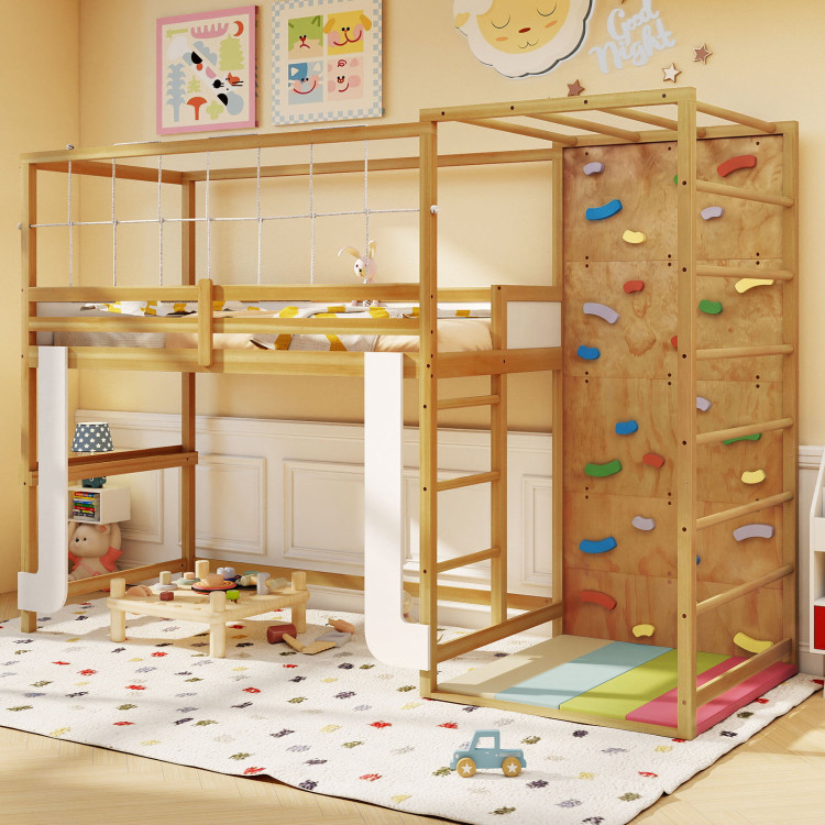 Twin Bunk Bed with Jungle Gym Wooden Loft Bed with Climbing Ladder view 2
