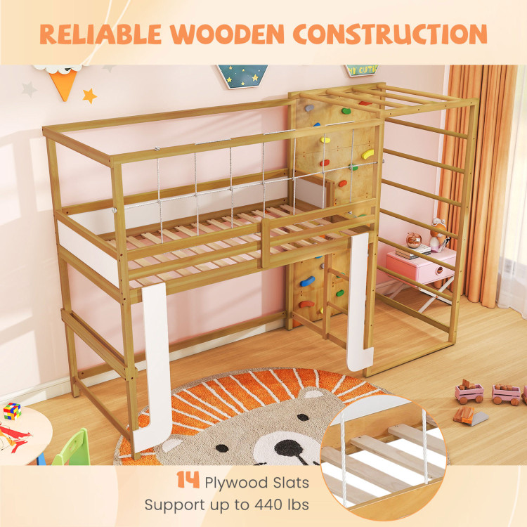 Twin Bunk Bed with Jungle Gym Wooden Loft Bed with Climbing Ladder view 8
