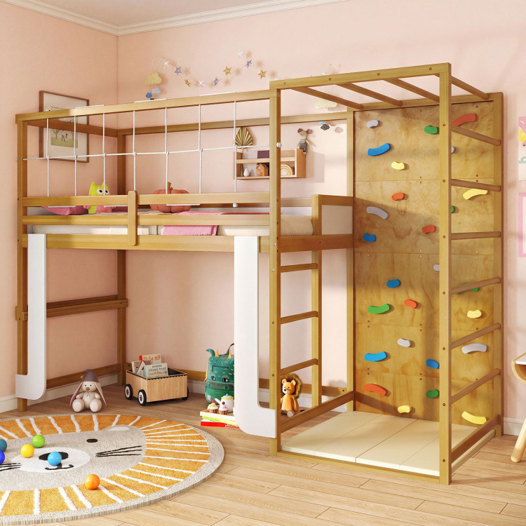 Twin Bunk Bed with Jungle Gym Wooden Loft Bed with Climbing Ladder view 3