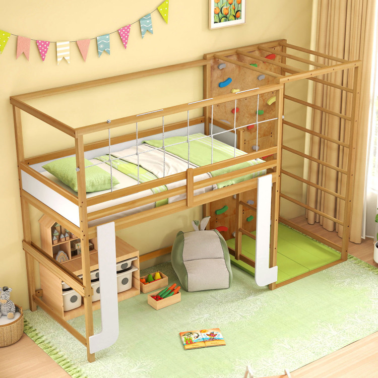 Twin Bunk Bed with Jungle Gym Wooden Loft Bed with Climbing Ladder view 5