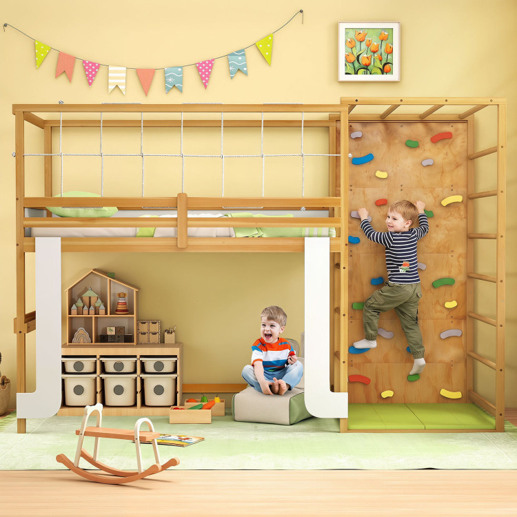 Twin Bunk Bed with Jungle Gym Wooden Loft Bed with Climbing Ladder view 6