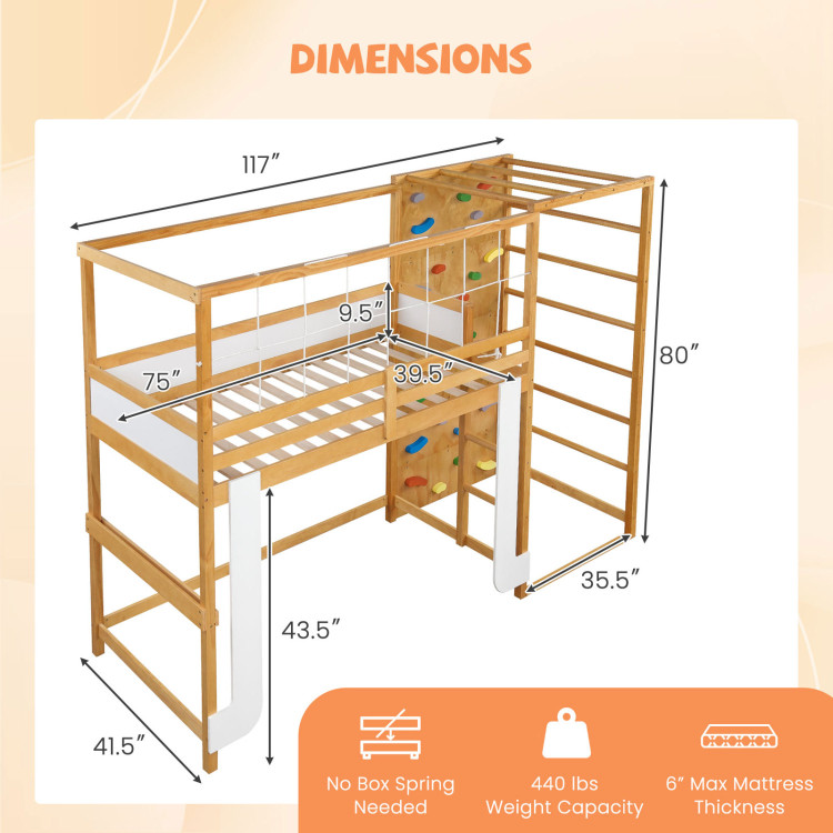 Twin Bunk Bed with Jungle Gym Wooden Loft Bed with Climbing Ladder view 4